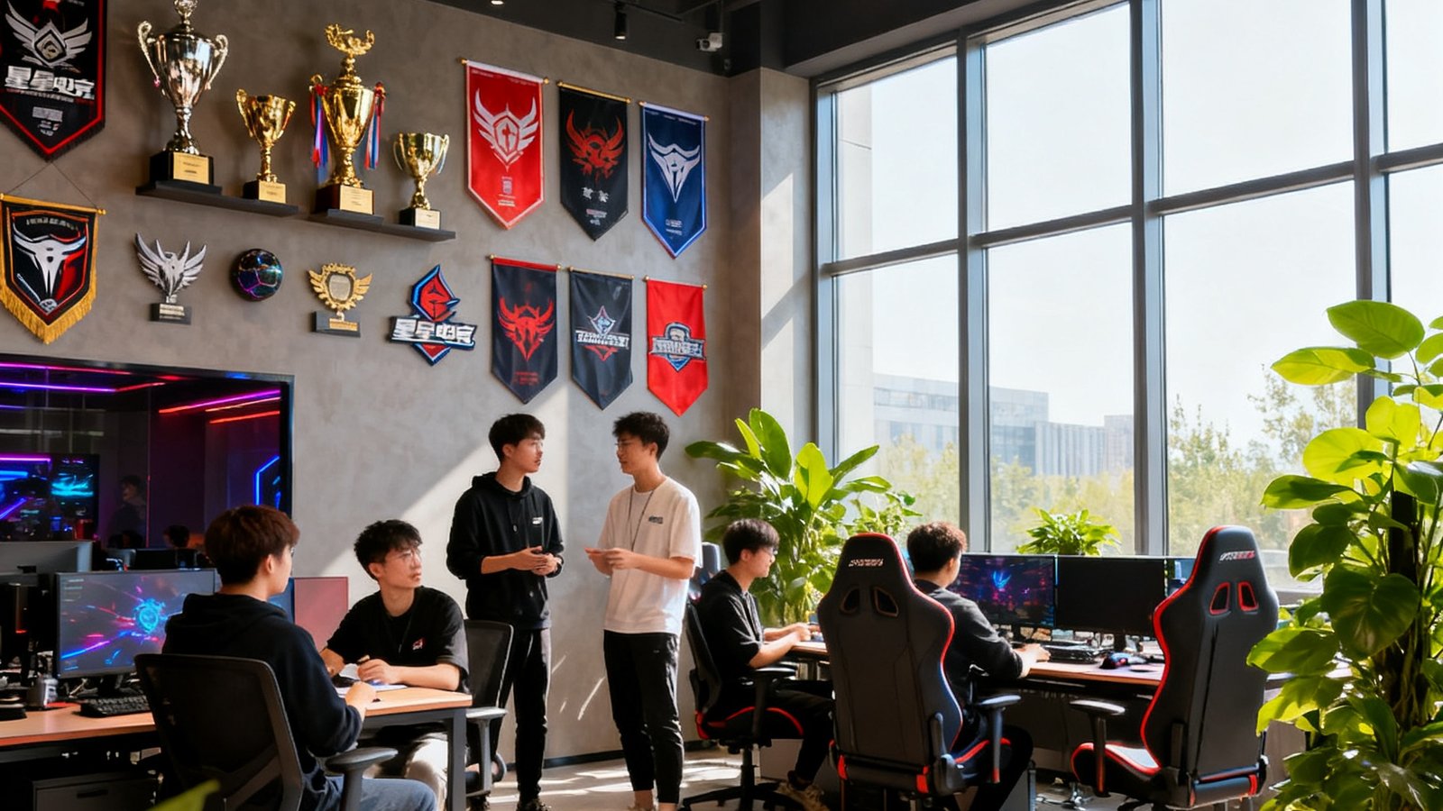 星空电竞北京总部开放式办公区，年轻团队在充满电竞元素的现代空间内协作讨论，墙面装饰着各大赛事奖杯和战队旗帜，阳光透过落地窗洒在绿植和电竞椅上。