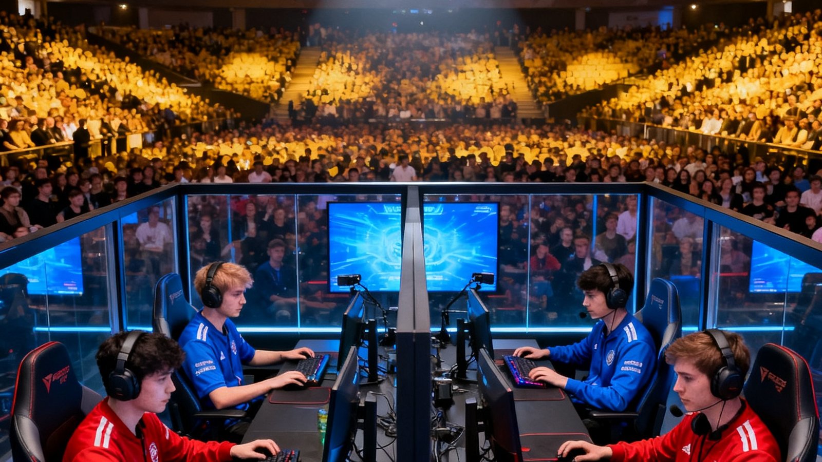 DOTA2国际邀请赛级别的大型线下赛事场景，两支顶尖战队在隔音对战房中全神贯注操作，台下观众席座无虚席，气氛紧张而庄重。