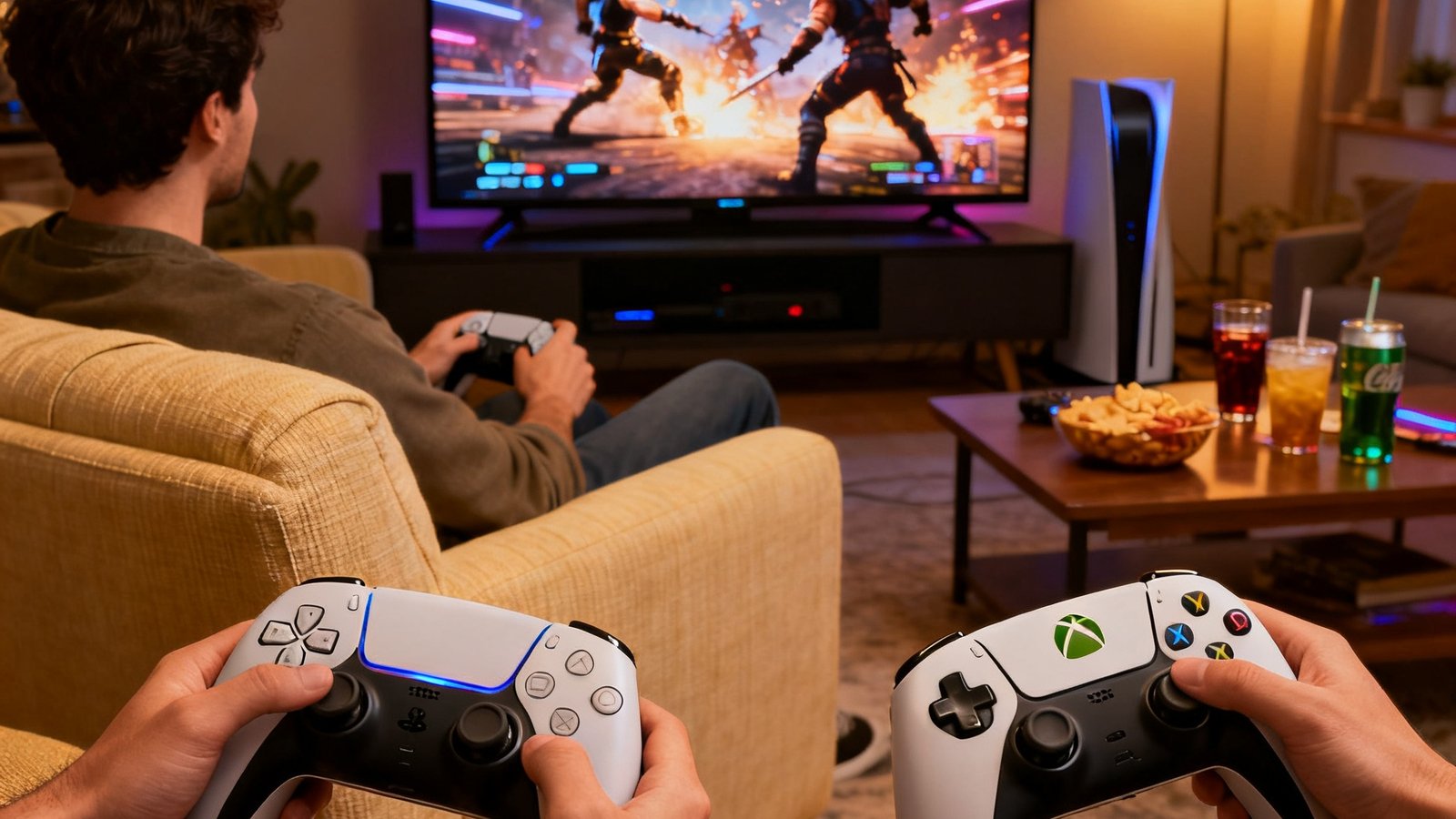 玩家在温馨的客厅环境中使用PS5和Xbox手柄进行主机电竞对战，大屏幕电视上显示着精彩游戏画面，氛围轻松而专注。
