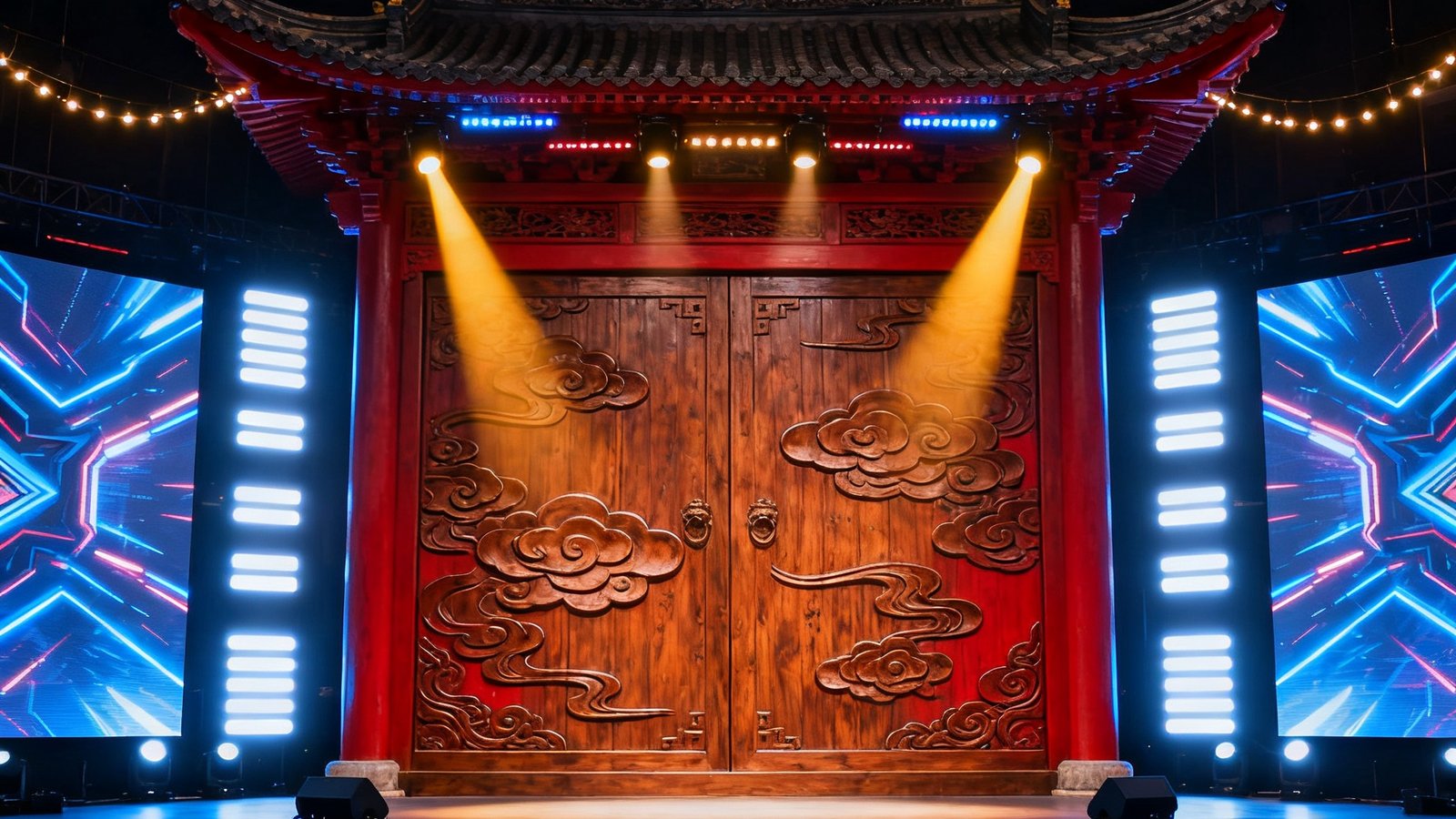 江城子文化联赛现场，舞台设计融合了中国古典建筑元素与电竞科技感，古风屏风与现代LED屏幕交相辉映，独具东方美学。