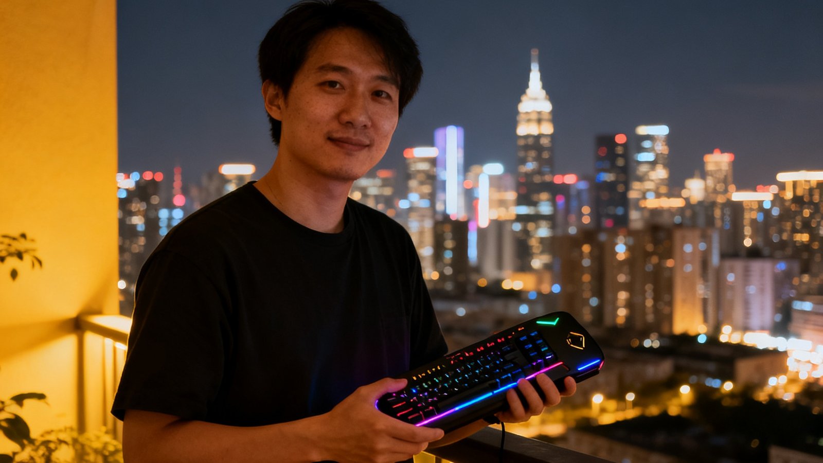 资深玩家大南在城市夜景阳台上的生活照，他手持电竞外设，背后是繁华的城市天际线灯光，体现电竞融入日常生活。