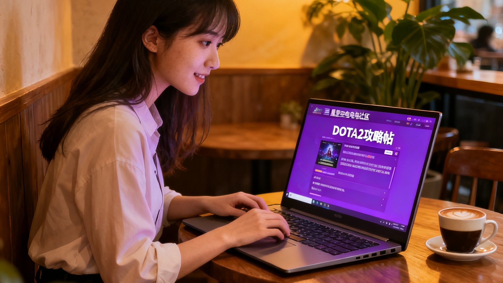 女性玩家小雨在温馨的咖啡馆角落使用笔记本电脑访问星空电竞社区，屏幕上的紫色界面清晰可见，她正专注地浏览DOTA2攻略帖。